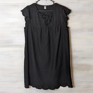 Old Navy Black Linen Mix Dress with Eyelet Cap Sleeves Size L